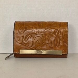 Patricia Nash Tan Floral Embossed Leather Trifold Wallet Brass Logo Bar